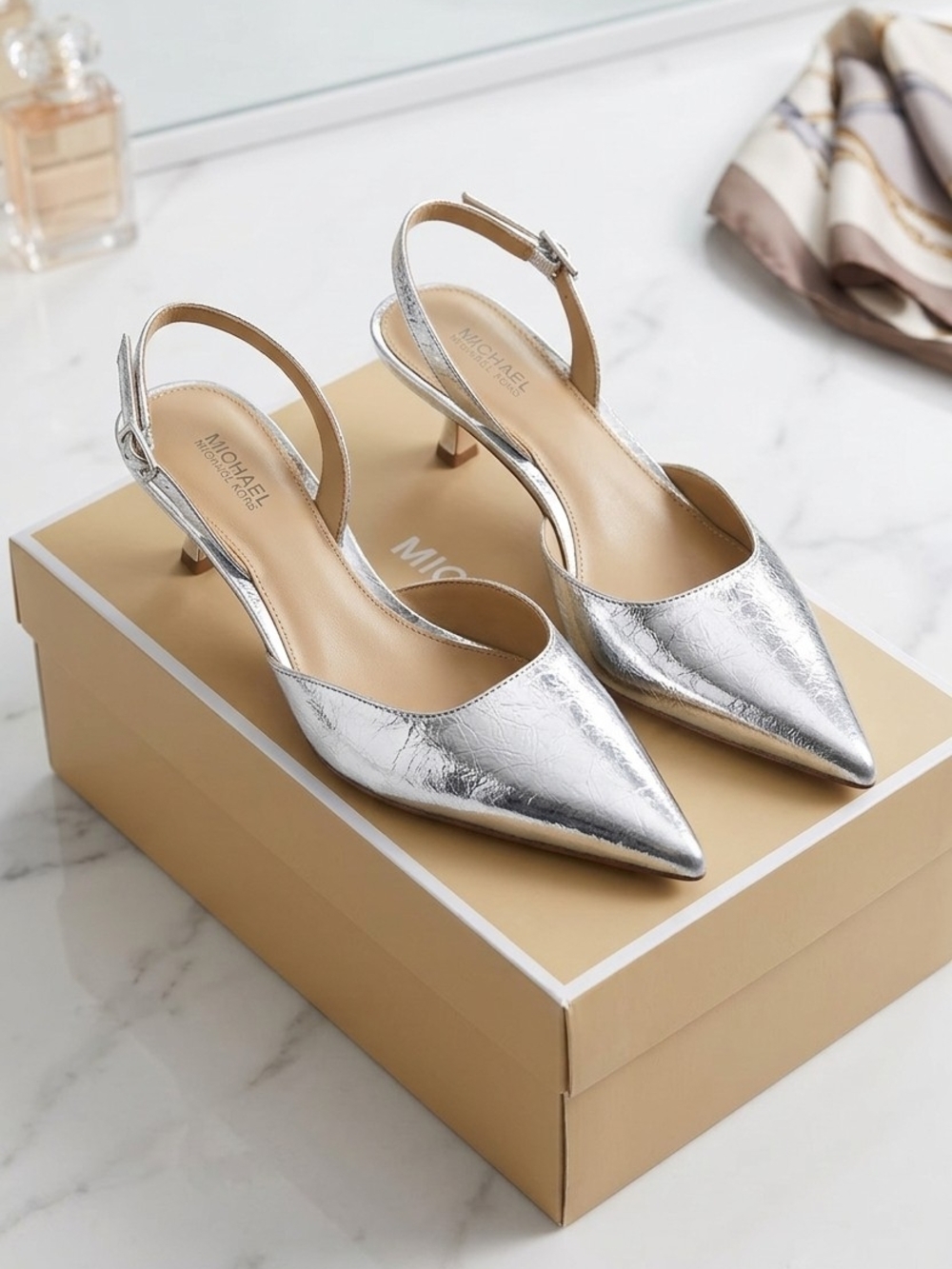 Michael Kors Metallic Silver Pointed Slingback Kitten Heels (Floor Sample)